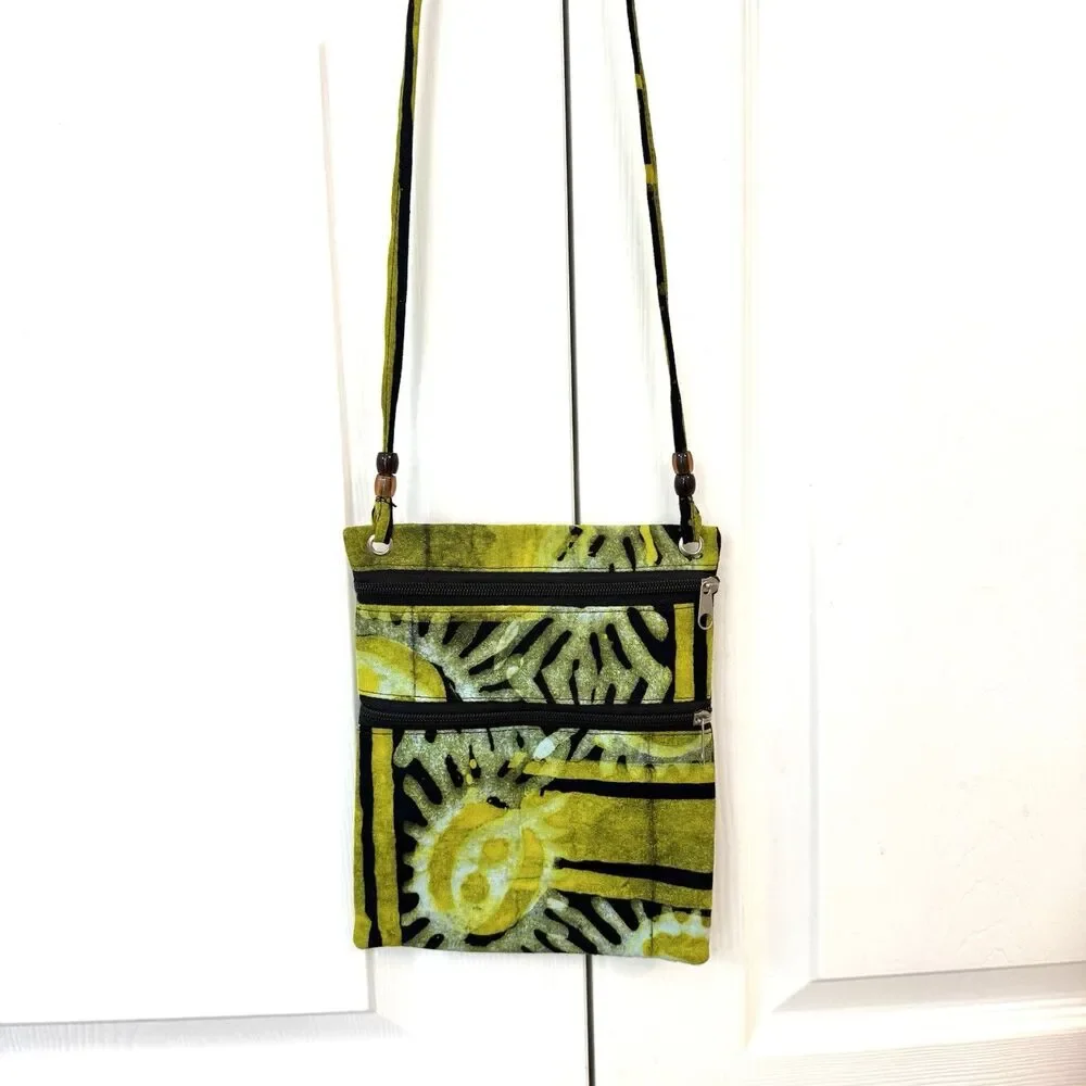 Vintage 90s Handmade Batik Crossbody Bag Green Black Zip Purse Boho Festival